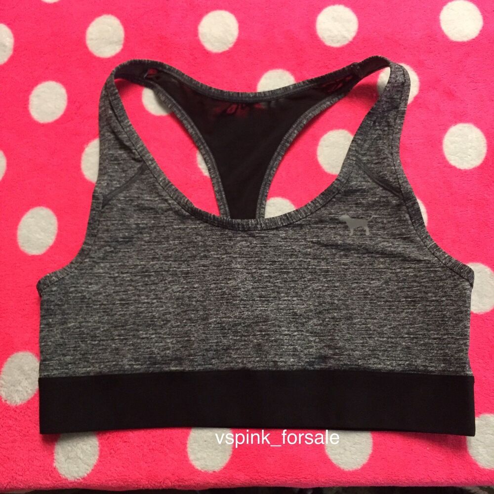VS PINK S Ultimate Sport Racerback Bra Top new Gray Mesh Black Logo